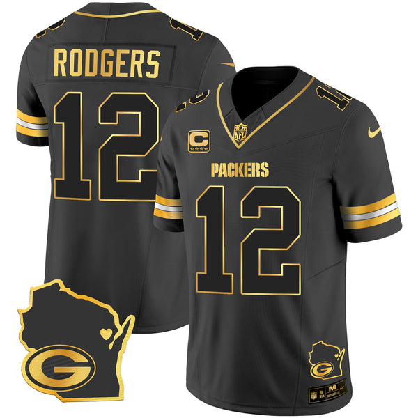 Men's Packers Home Patch Gold Vapor Jersey V2 - All Stitched - Black Gold - Aaron Rodgers — view 1