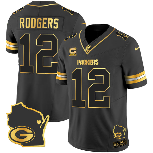 Men's Packers Home Patch Gold Vapor Jersey V2 - All Stitched - Black Gold - Aaron Rodgers — view 1