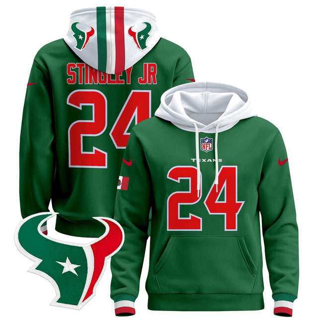 Men's Houston Texans Mexico 2024 Pullover Hoodie - All Stitched - Green - Derek Stingley Jr — view 1