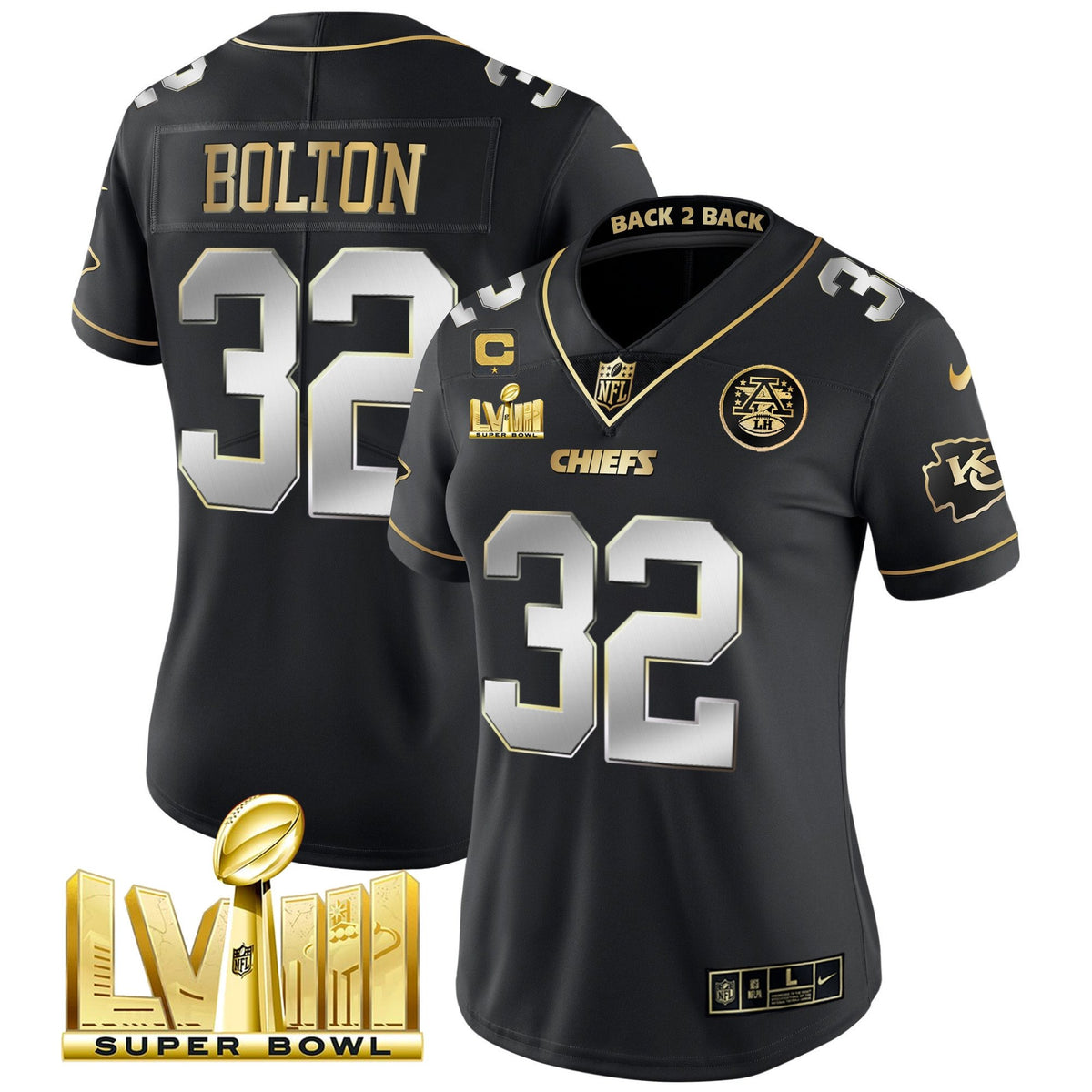 Women's Chiefs Super Bowl LVIII & Back 2 Back Patch Vapor Jersey V5 - All Stitched - Black Limited - Nick Bolton — view 1