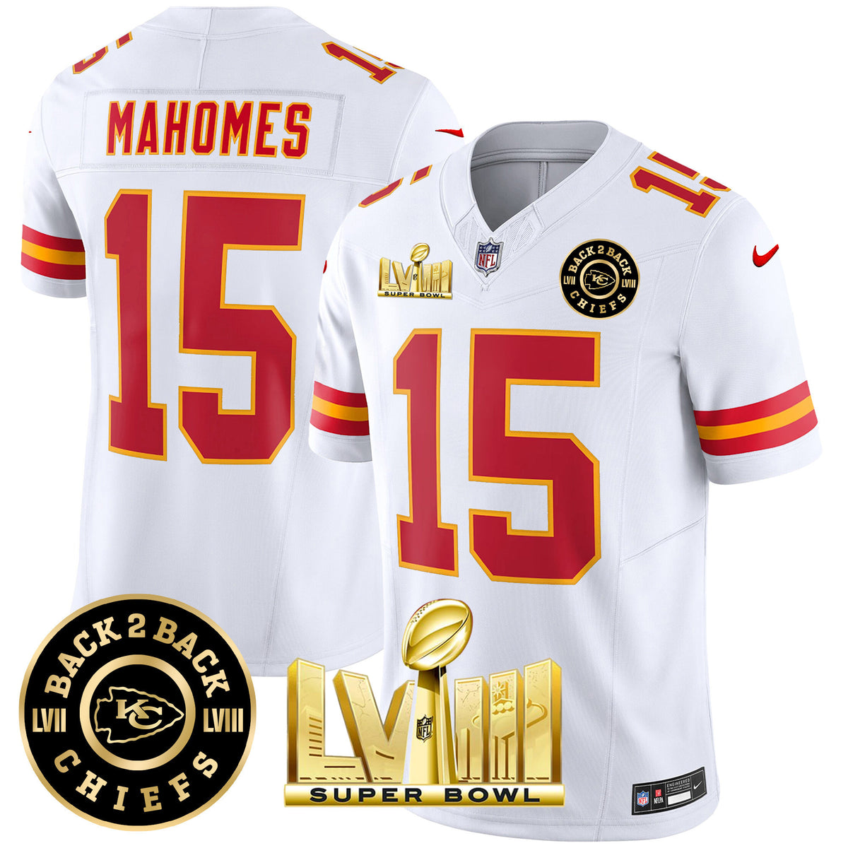 Men's Chiefs Super Bowl LVIII & Back 2 Back Patch Vapor Jersey V3 - All Stitched - White - Patrick Mahomes — view 1