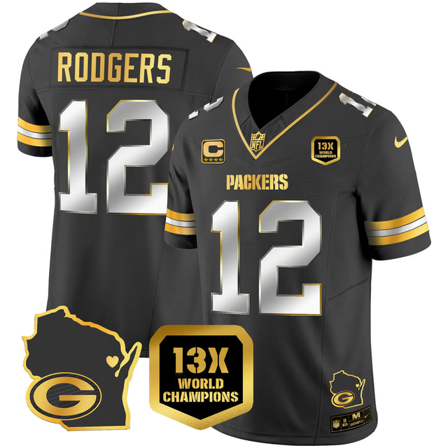Men's Packers 13 Time World Champions & Home Patch Gold Vapor Jersey V2 – All Stitched - Black Limited - Aaron Rodgers — view 1