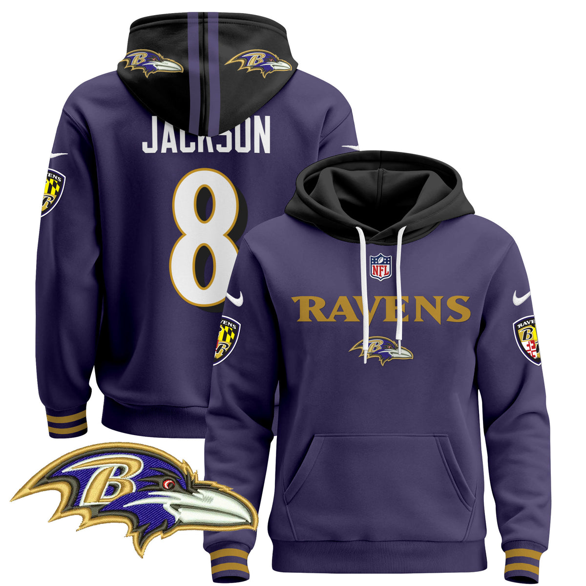 Men's Baltimore Ravens 2024 Pullover Hoodie V3 - All Stitched - Purple - Lamar Jackson — view 1
