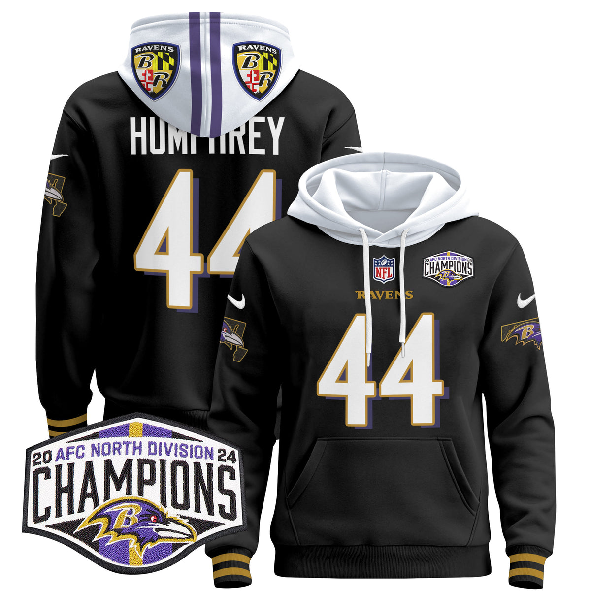 Men's Baltimore Ravens 2024 AFC North Division Champions Patch Pullover Hoodie V2 - All Stitched - Black - Marlon Humphrey — view 1