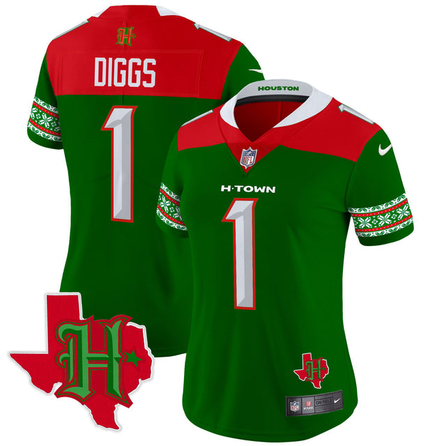 Women's Houston Texans 2024 Christmas Vapor Limited Jersey - All Stitched - Green - Stefon Diggs — view 1