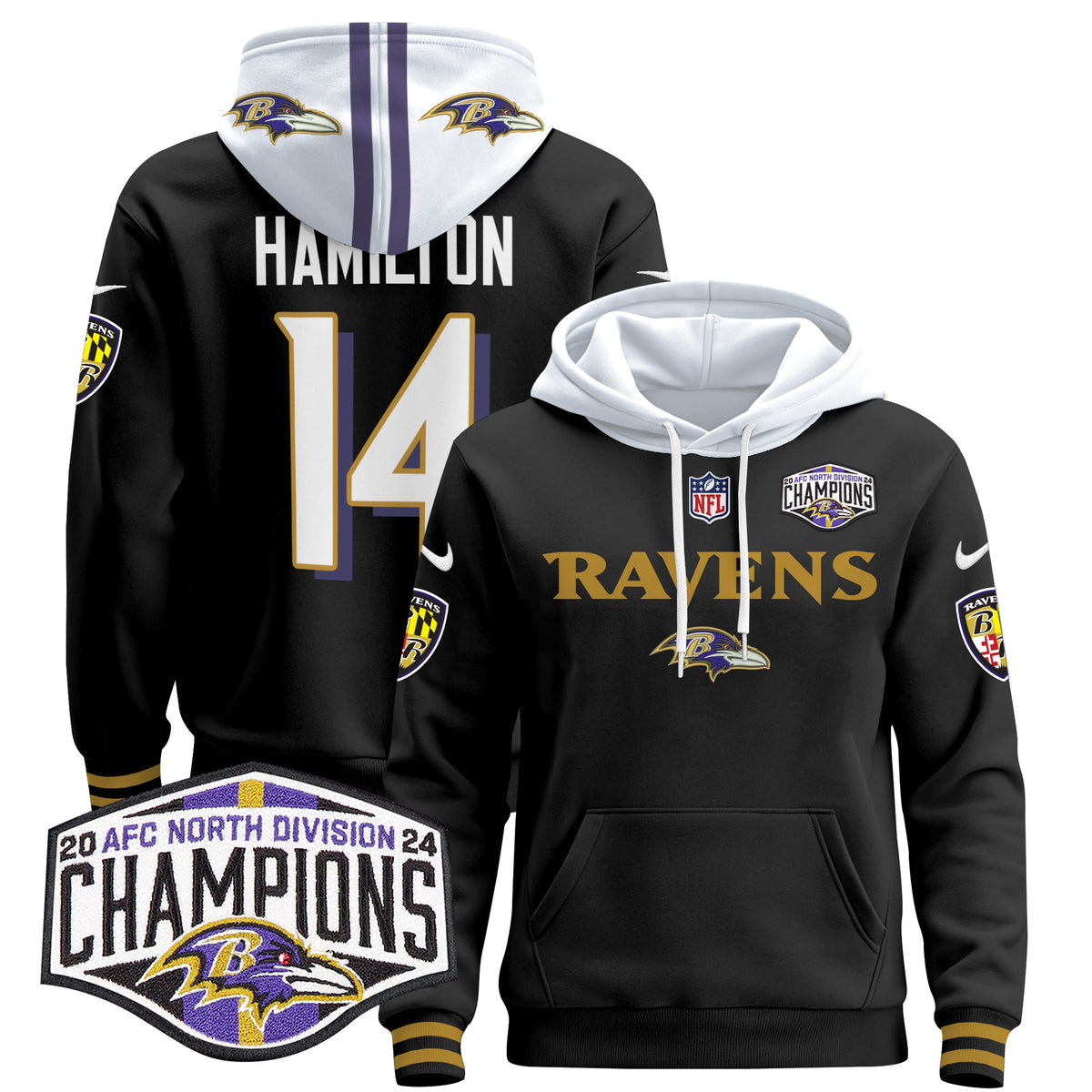 Men's Baltimore Ravens 2024 AFC North Division Champions Patch Pullover Hoodie - All Stitched - Black - Kyle Hamilton — view 1