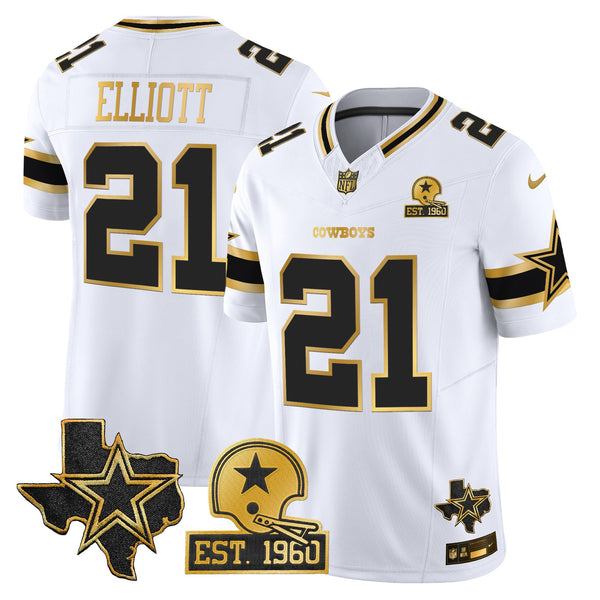 Men's Dallas Cowboys Est. 1960 & Texas Patch Gold Vapor Limited Jersey - All Stitched - White Gold - Ezekiel Elliott — view 1