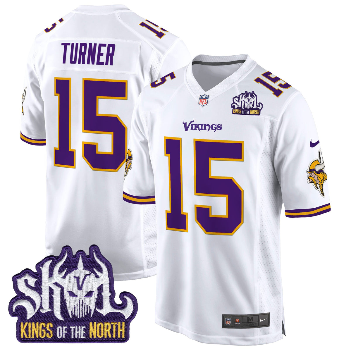 Men's Minnesota Vikings King Of The North Patch Throwback Game Jersey - All Stitched - White - Dallas Turner — view 1