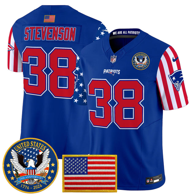 Men's New England Patriots America250 Edition Vapor Limited Jersey - All Stitched - Royal - Rhamondre Stevenson — view 1