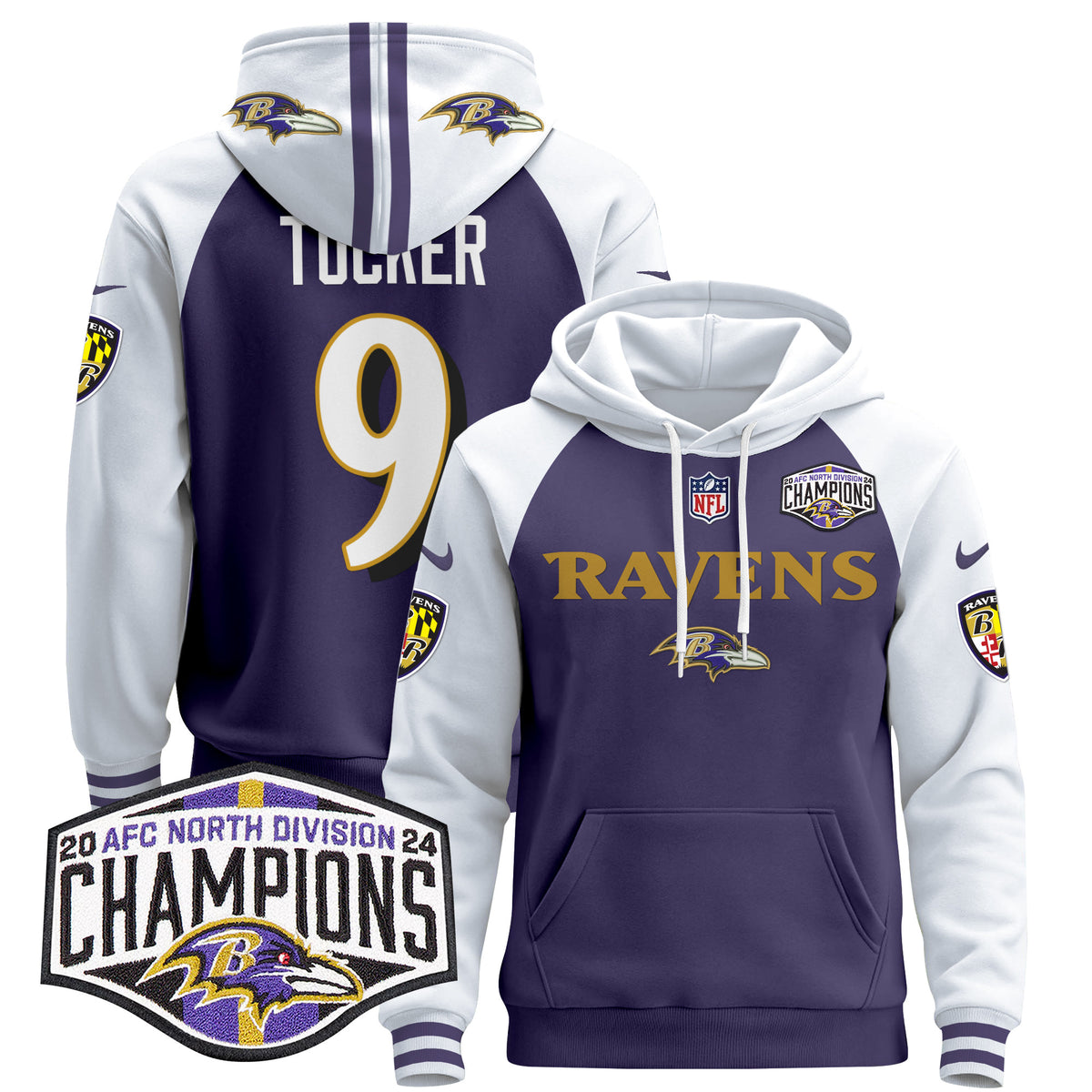 Men's Baltimore Ravens 2024 AFC North Division Champions Patch Pullover Hoodie - All Stitched - Purple Alternate - Justin Tucker — view 1