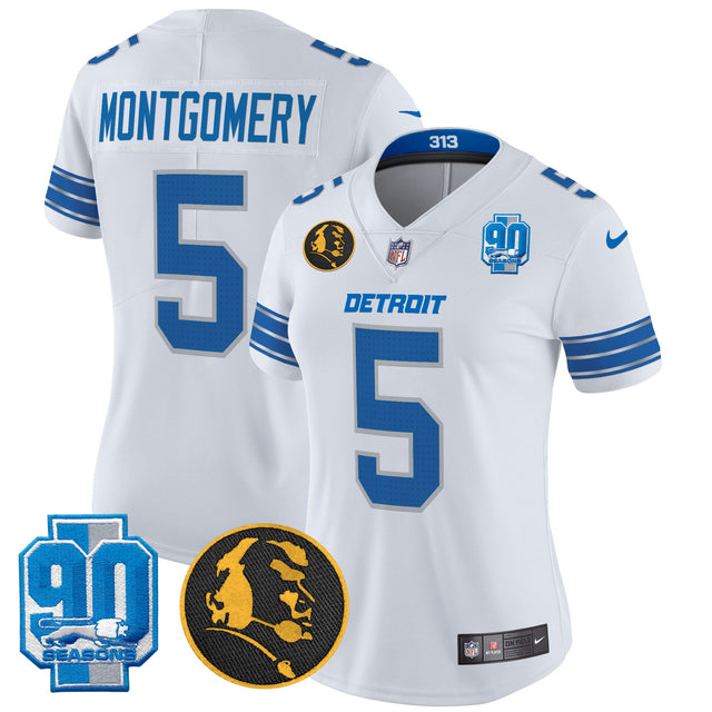 Women's Detroit Lions 2024 90th & John Madden Patch Vapor Limited Jersey - All Stitched - White - David Montgomery — view 1