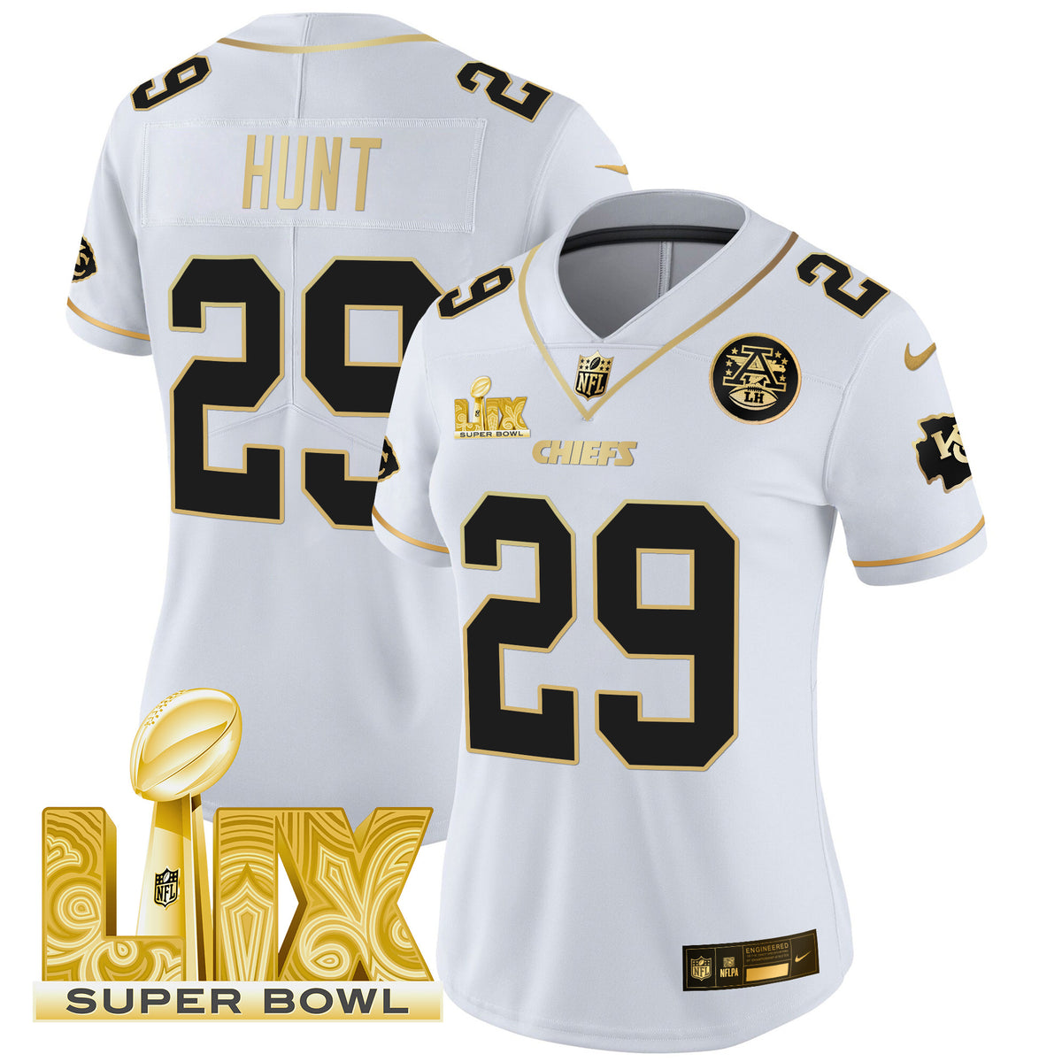 Women's Chiefs Super Bowl LIX Patch Gold Vapor Limited Jersey - All Stitched - White Gold - Kareem Hunt — view 1