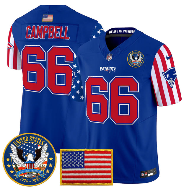 Men's New England Patriots America250 Edition Vapor Limited Jersey - All Stitched - Royal - Will Campbell — view 1