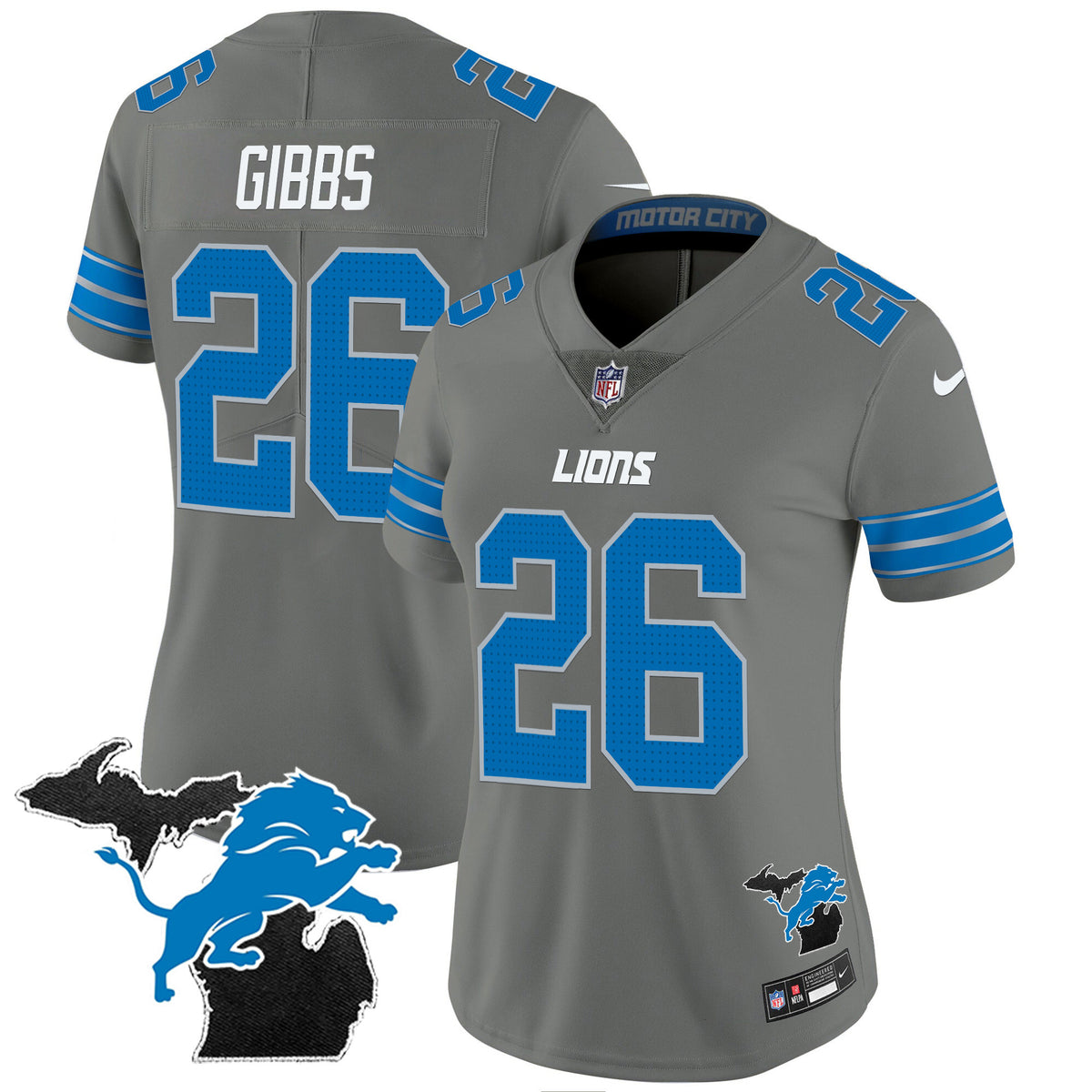 Women's Detroit Lions 2024 Michigan Patch Vapor Jersey - All Stitched - Gray - Jahmyr Gibbs — view 1