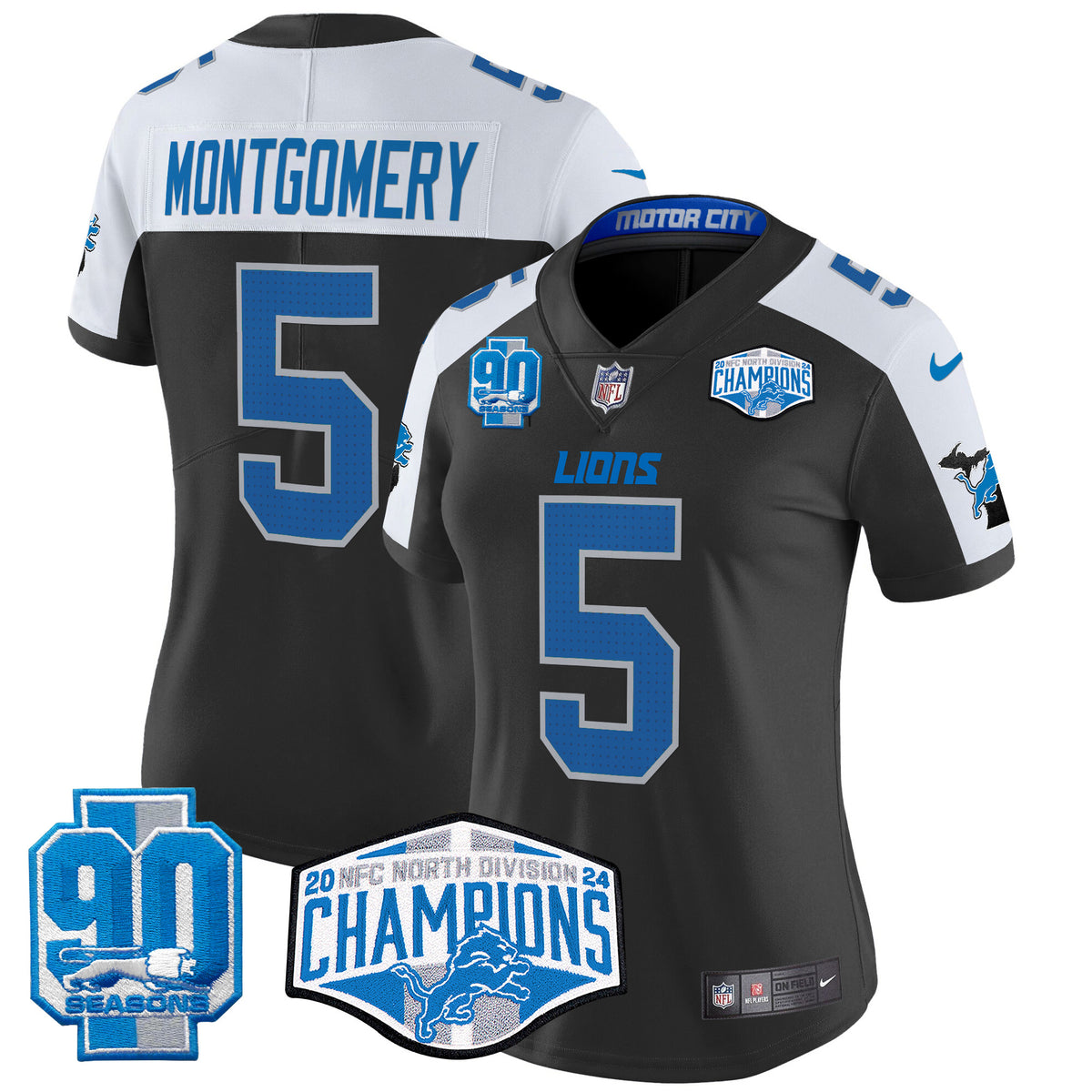 Women's Detroit Lions 2024 NFC North Division Champions Patch Vapor Limited Jersey - All Stitched - Black Alternate - David Montgomery — view 1