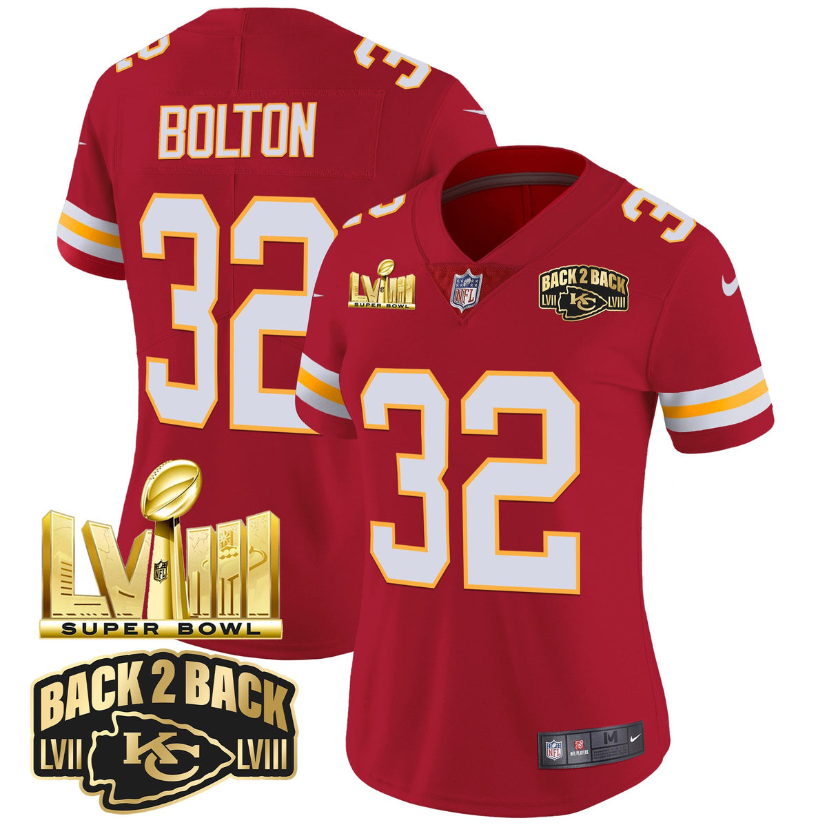 Women's Chiefs Super Bowl LVIII & Back 2 Back Gold Patch Vapor Jersey - All Stitched - Red - Nick Bolton — view 1