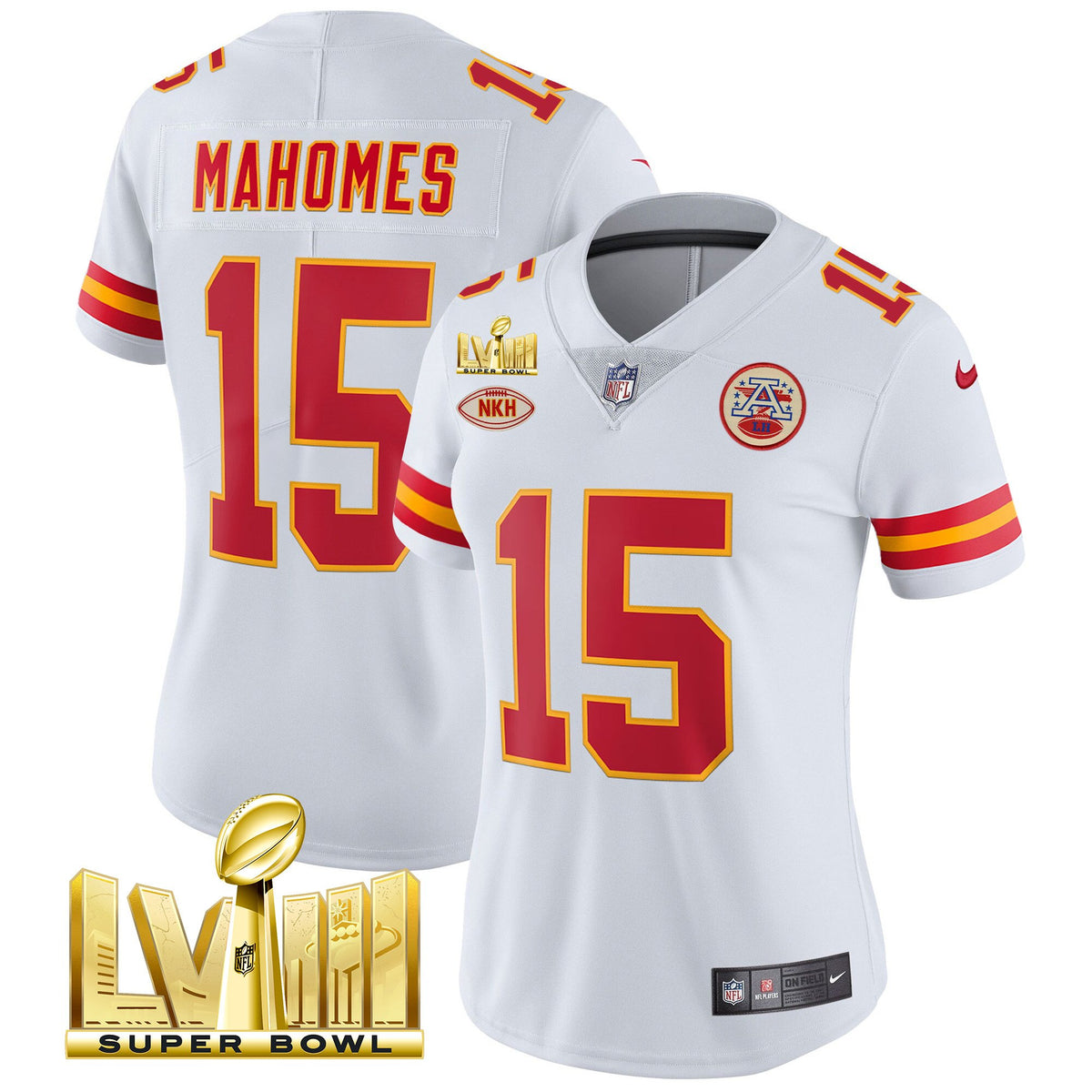Women's Chiefs Super Bowl LVIII Gold Patch Vapor Jersey V2- All Stitched - White - Patrick Mahomes — view 1