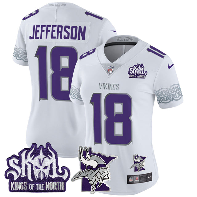 Women's Minnesota Vikings 2024 Winter Warrior Skol Patch Vapor Limited Jersey V2 - All Stitched - White - Justin Jefferson — view 1