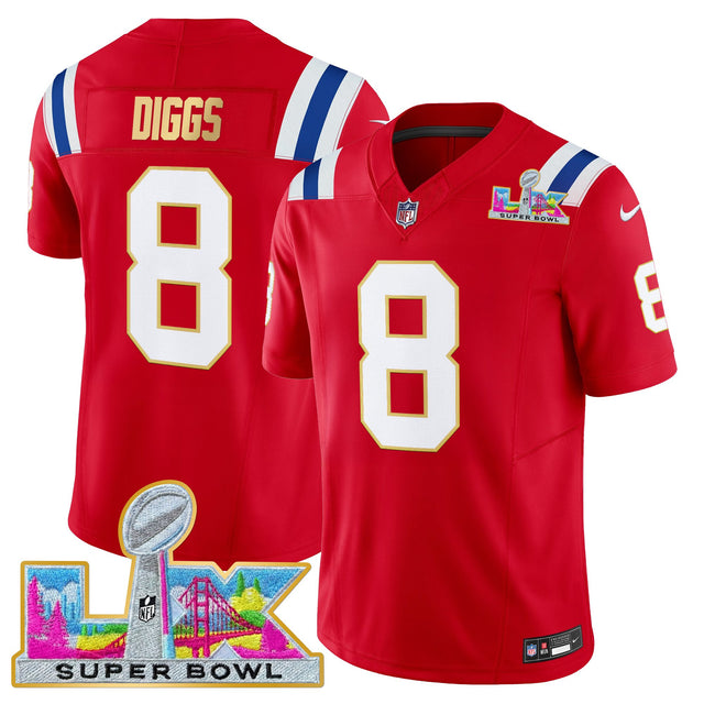 Men's New England Patriots Super Bowl LX Gold Trim Vapor Limited Jersey - All Stitched - Red - Stefon Diggs — view 1