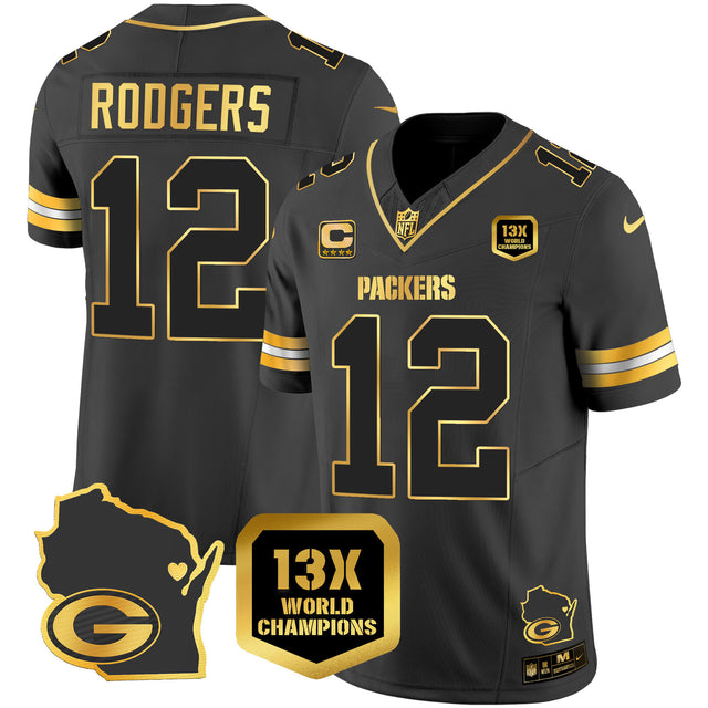 Men's Packers 13 Time World Champions & Home Patch Gold Vapor Jersey V2 – All Stitched - Black Gold - Aaron Rodgers — view 1