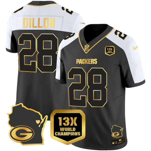 Men's Packers 13 Time World Champions & Home Patch Gold Vapor Jersey V2 – All Stitched - Alternate - AJ Dillon — view 1