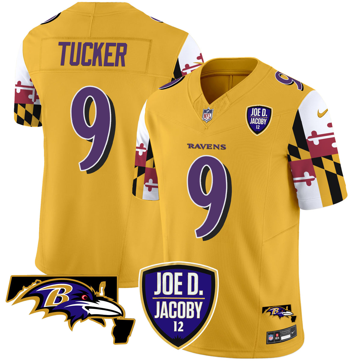 Men's Ravens Joe D & Jacoby Patch Vapor Limited Jersey V2 - All Stitched - Gold - Justin Tucker — view 1