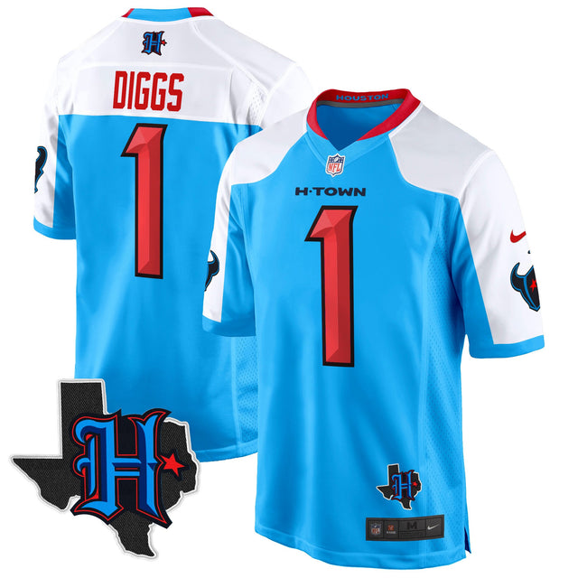 Men's Houston Texans 2024 Texas Patch Game Jersey - All Stitched - Blue Alternate - Stefon Diggs — view 1