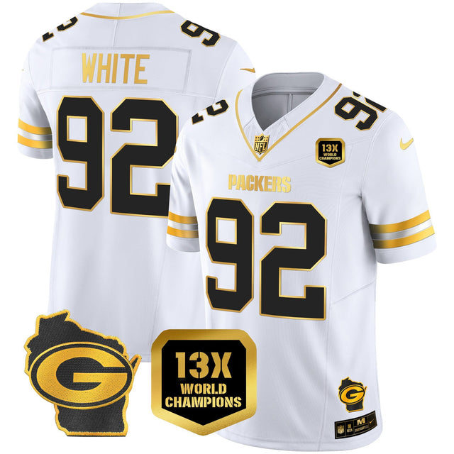 Men's Packers 13 Time World Champions & Home Patch Gold Vapor Jersey – All Stitched - White Gold - Reggie White — view 1