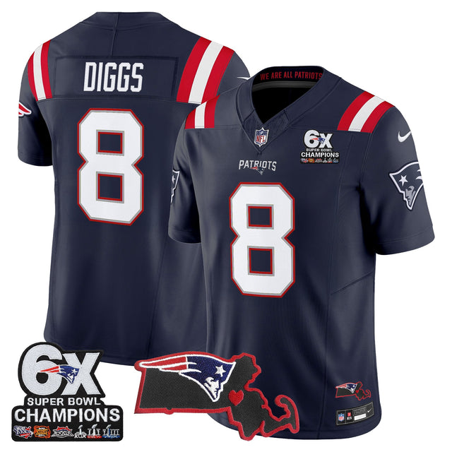 Men's New England Patriots 6-Time Champions & Massachusetts Patch Vapor Limited Jersey - All Stitched - Navy - Stefon Diggs — view 1