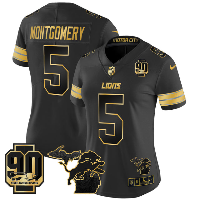 Women's Detroit Lions 2024 Michigan & 90th Year Patch Gold Vapor Limited Jersey - All Stitched - Black Gold - David Montgomery — view 1