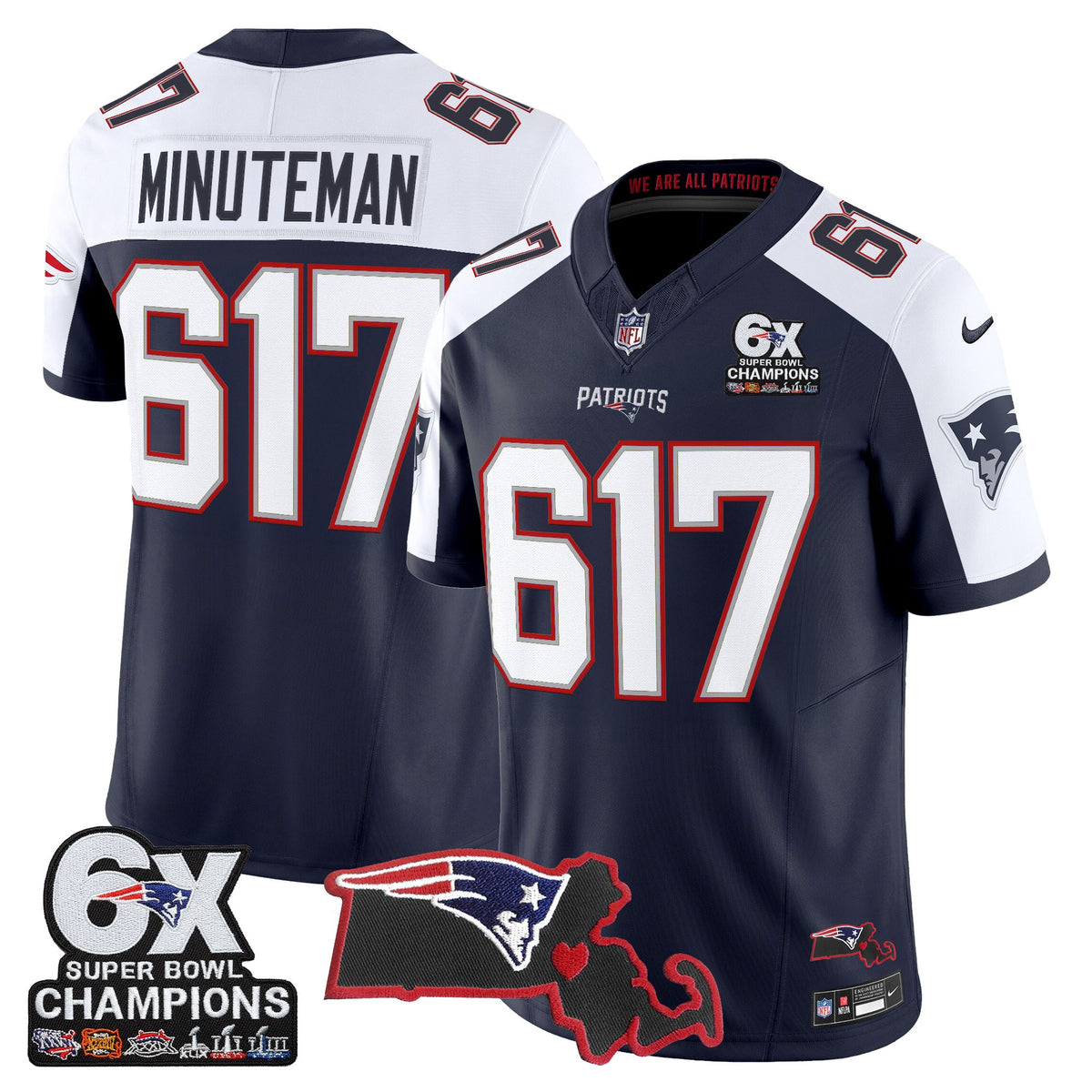 Men's New England Patriots 6-Time Champions & Massachusetts Patch Vapor Limited Jersey - All Stitched - Navy Alternate - Minuteman 617 — view 1