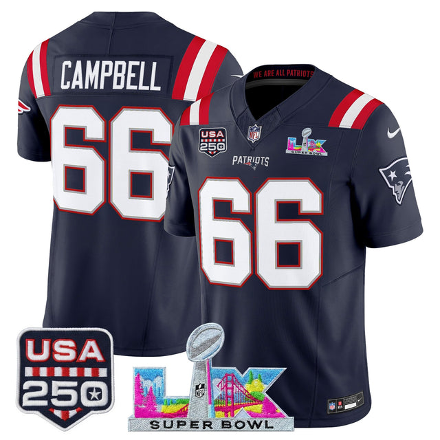 Men's New England Patriots Super Bowl LX & United States 250th Anniversary Patch Vapor Limited Jersey - All Stitched - Navy - Will Campbell — view 1