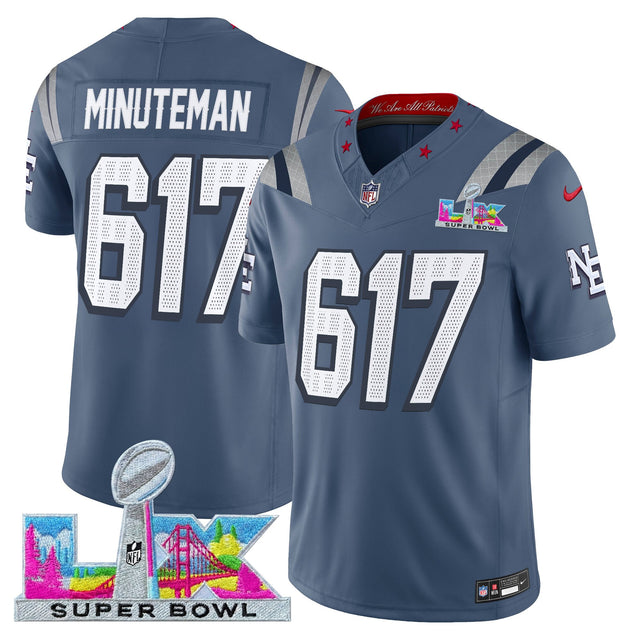 Men's New England Patriots Super Bowl LX Vapor Limited Jersey - All Stitched - Storm Blue - Minuteman 617 — view 1