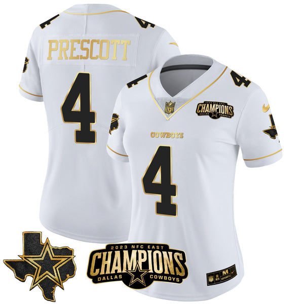 Women's Cowboys 2023 NFC East Champions Patch Gold Vapor Jersey - All Stitched - White Gold - Dak Prescott — view 1