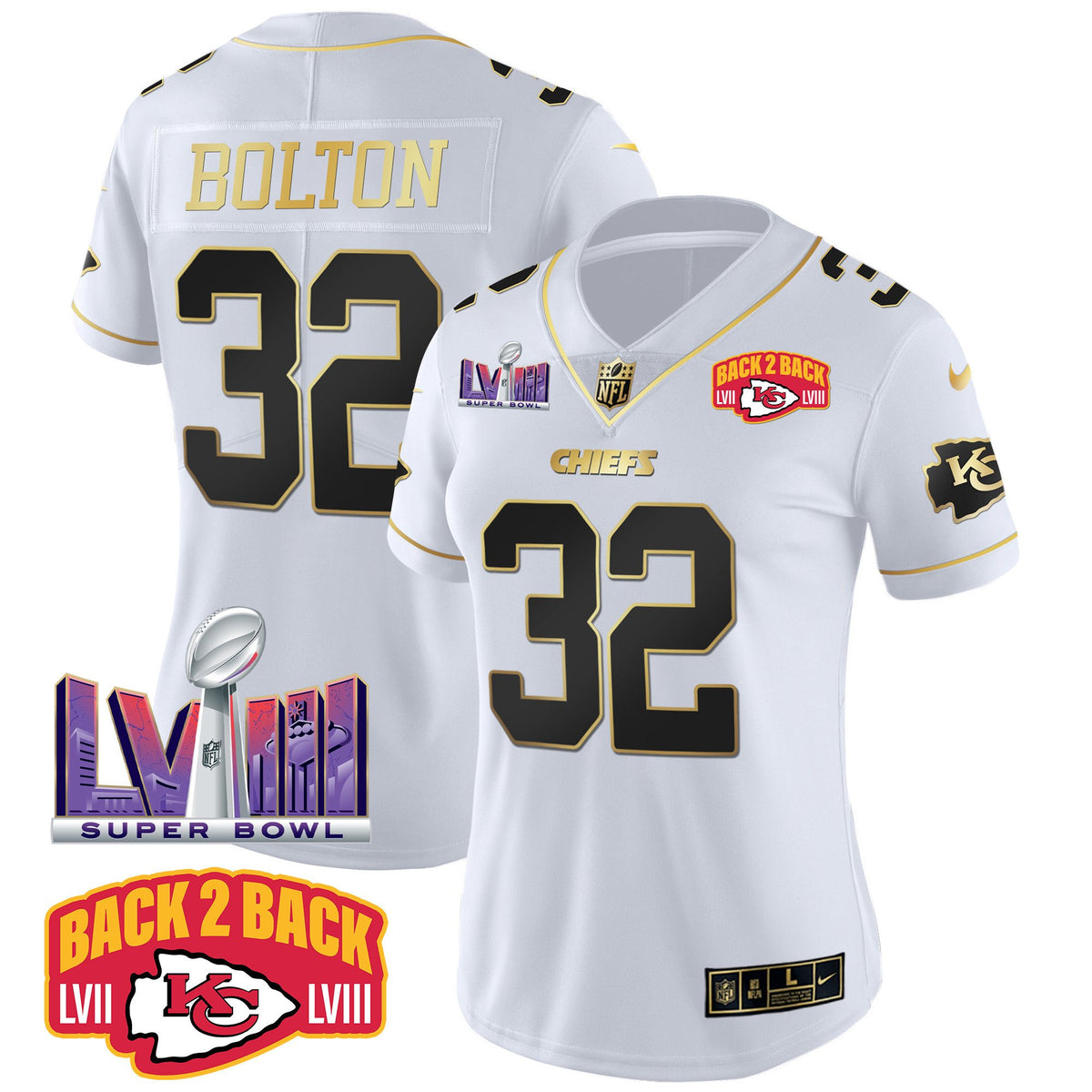Women's Chiefs Super Bowl LVIII & Back 2 Back Patch Vapor Jersey V2 - All Stitched - White Gold - Nick Bolton — view 1