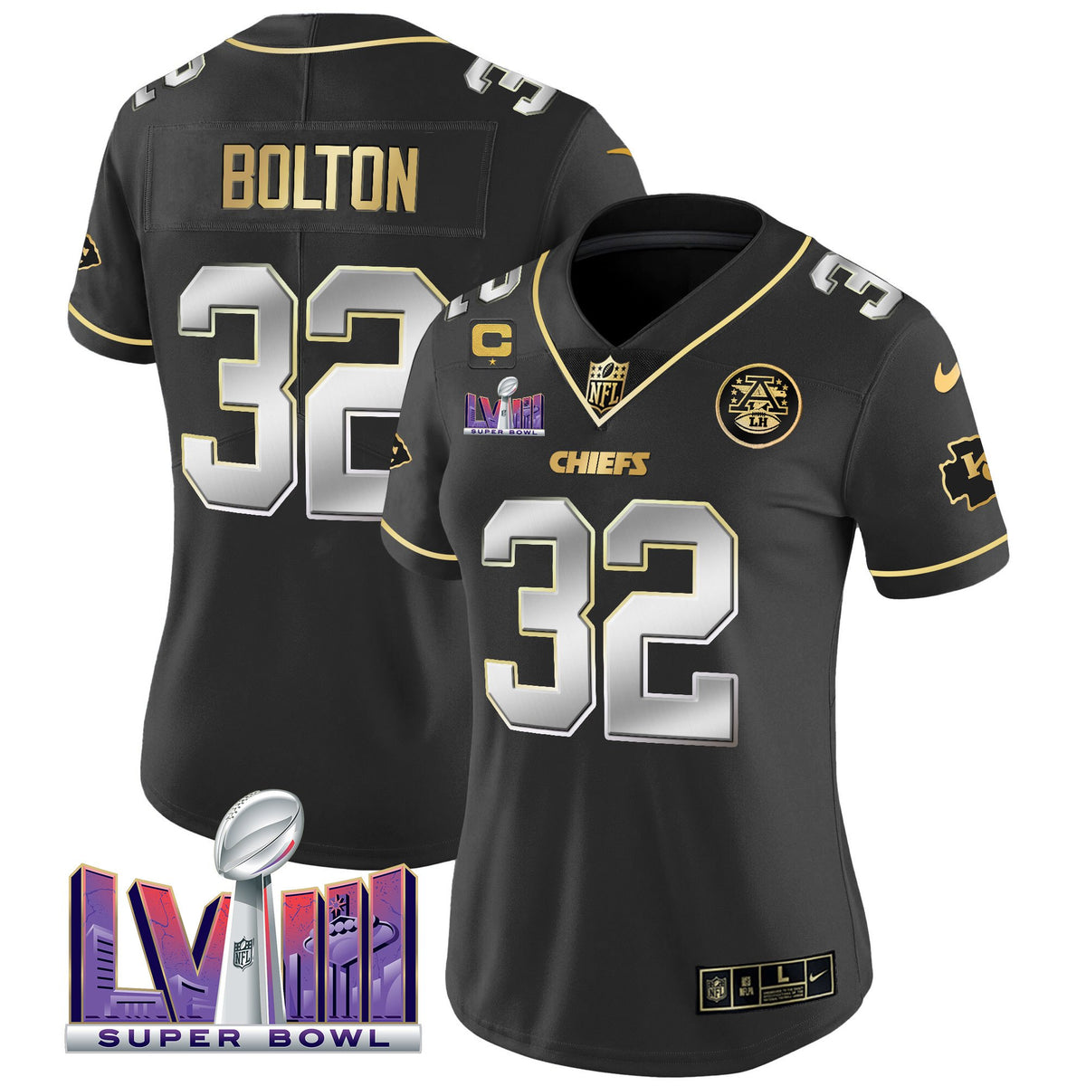 Women's Chiefs Super Bowl LVIII Patch Vapor Jersey V4 - All Stitched - Black Limited - Nick Bolton — view 1