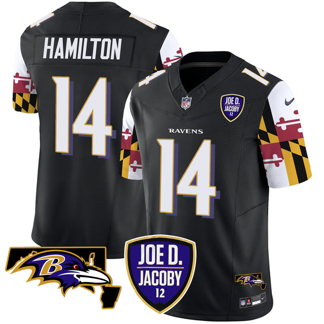 Men's Ravens Joe D & Jacoby Patch Vapor Limited Jersey V2 - All Stitched - Black - Kyle Hamilton — view 1