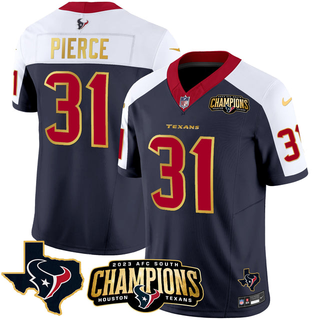 Men's Houston Texans 2023 AFC South Champions Patch Gold Trim Vapor Jersey - All Stitched - Alternate - Dameon Pierce — view 1
