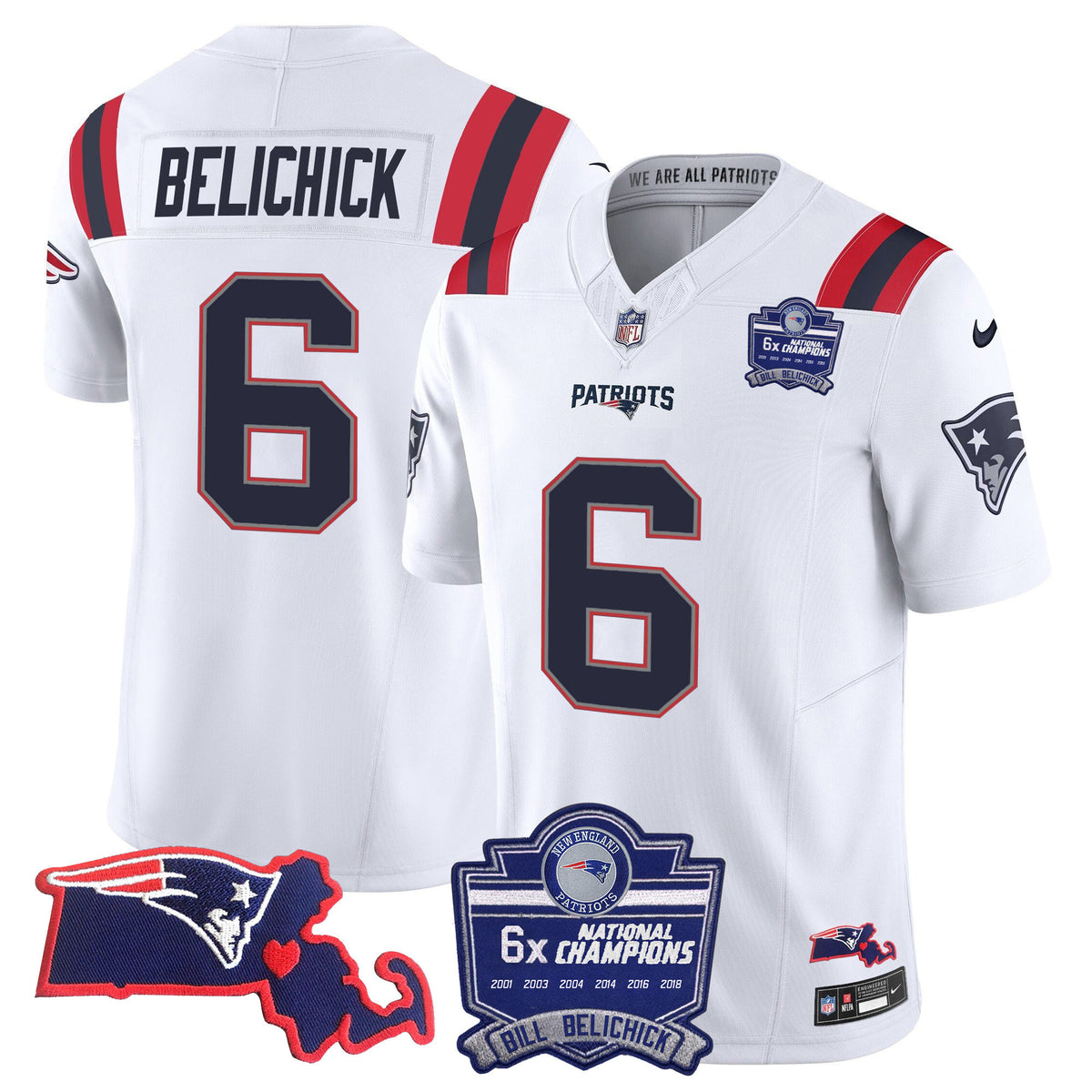 Men's Patriots Bill Belichick 6x Champions Patch Vapor Jersey - All Stitched - White - Bill Belichick — view 1