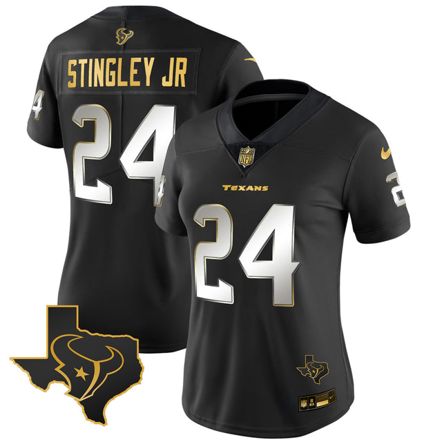Women's Houston Texans Gold Vapor Limited Jersey - All Stitched - Black Limited - Derek Stingley Jr — view 1