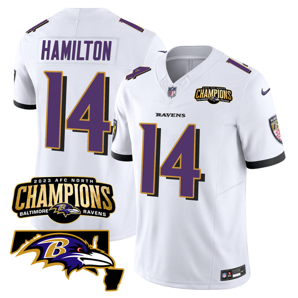 Men's Ravens 2023 AFC North Champions & Maryland Patch Vapor Jersey - All Stitched - White - Kyle Hamilton — view 1