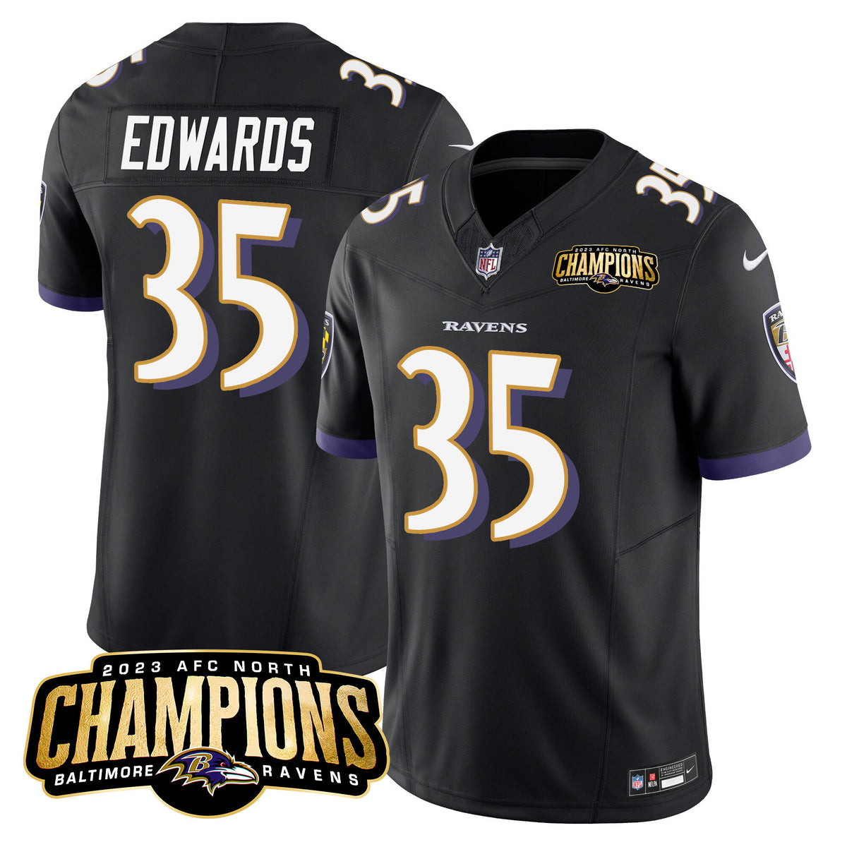 Men's Ravens 2023 AFC North Champions Patch Vapor Limited Jersey - All Stitched - Black - Gus Edwards — view 1