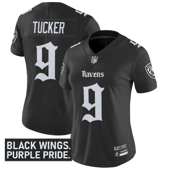 Women's Baltimore Ravens 'Gothic Nevermore Edition' Vapor Limited Jersey - All Stitched - Black - Justin Tucker — view 1