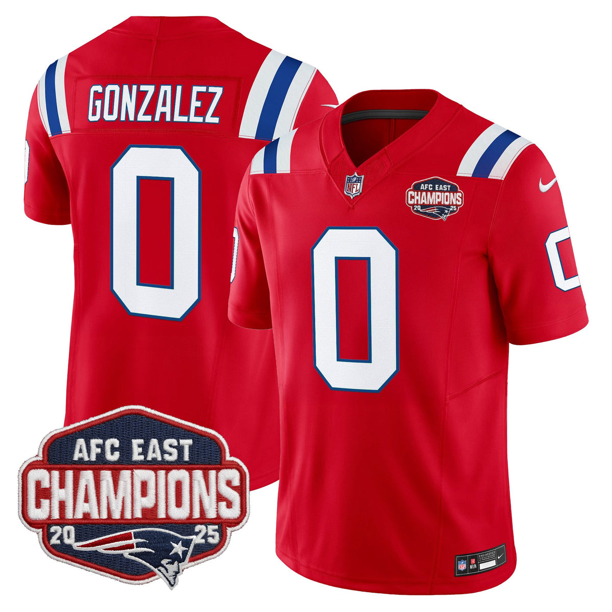 Men's New England Patriots 2025 AFC East Division Champions Vapor Limited Jersey - All Stitched - Red - Christian Gonzalez — view 1