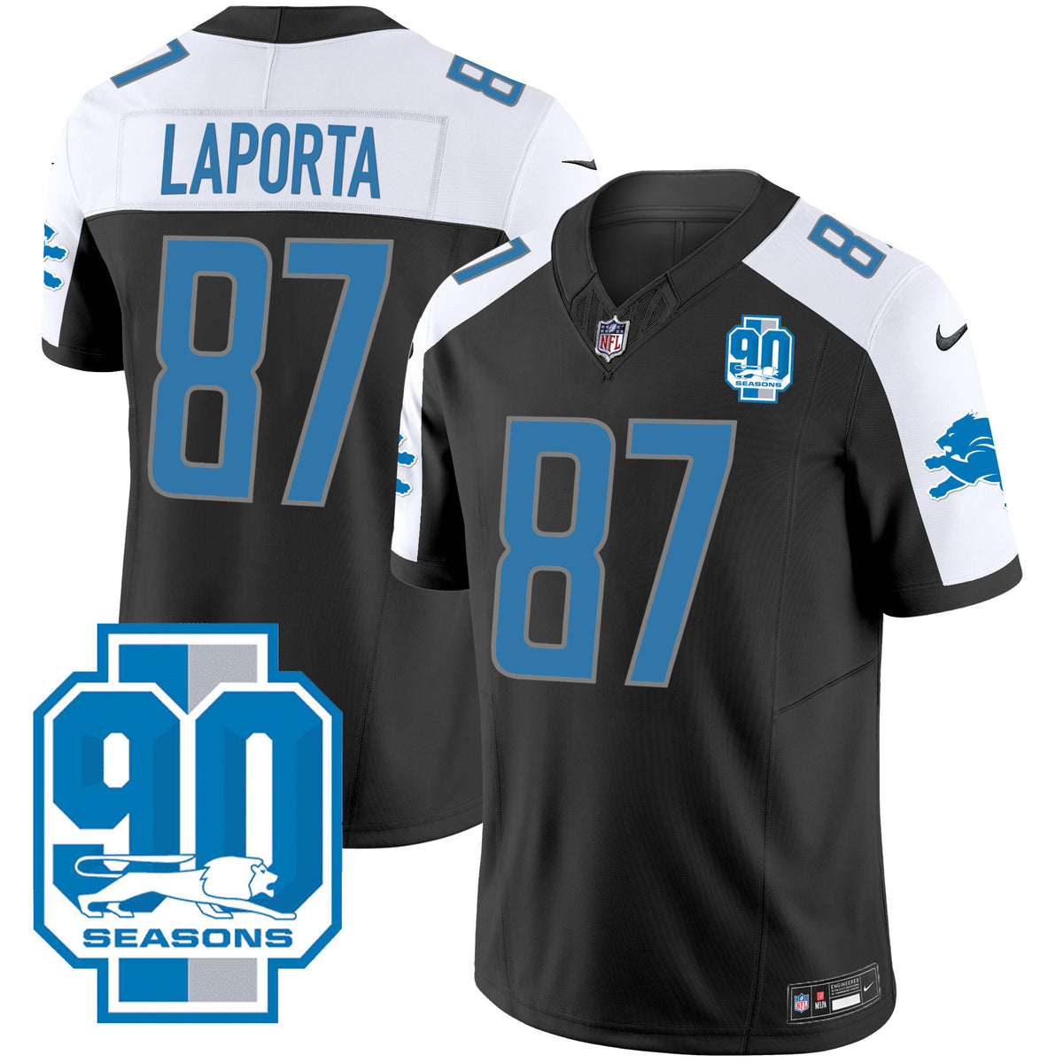 Men's Detroit Lions 90th Year Patch Jersey - All Stitched - Black Alternate - Sam Laporta — view 1