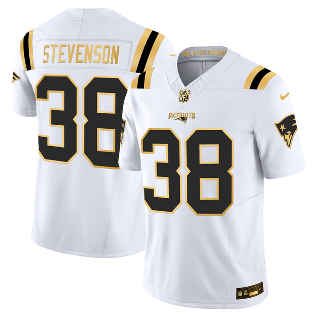 Men's New England Patriots 2025 Gold Vapor Limited Jersey - All Stitched - White Gold - Rhamondre Stevenson — view 1