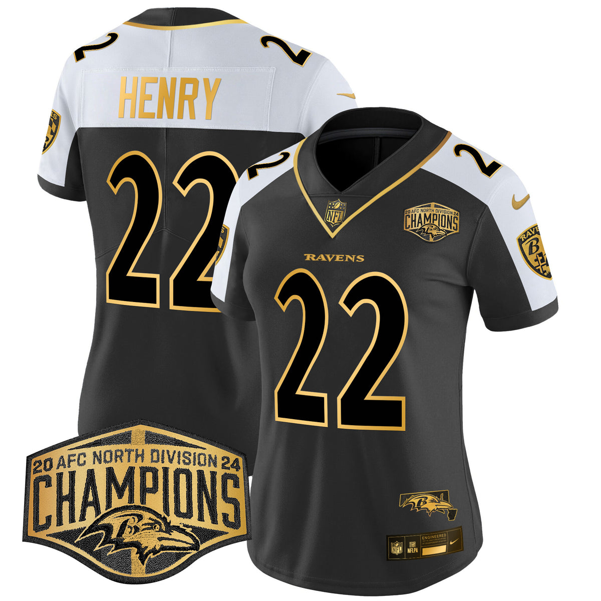 Women's Ravens Maryland 2024 AFC North Division Champions Patch Gold Vapor Limited Jersey - All Stitched - Alternate - Derrick Henry — view 1