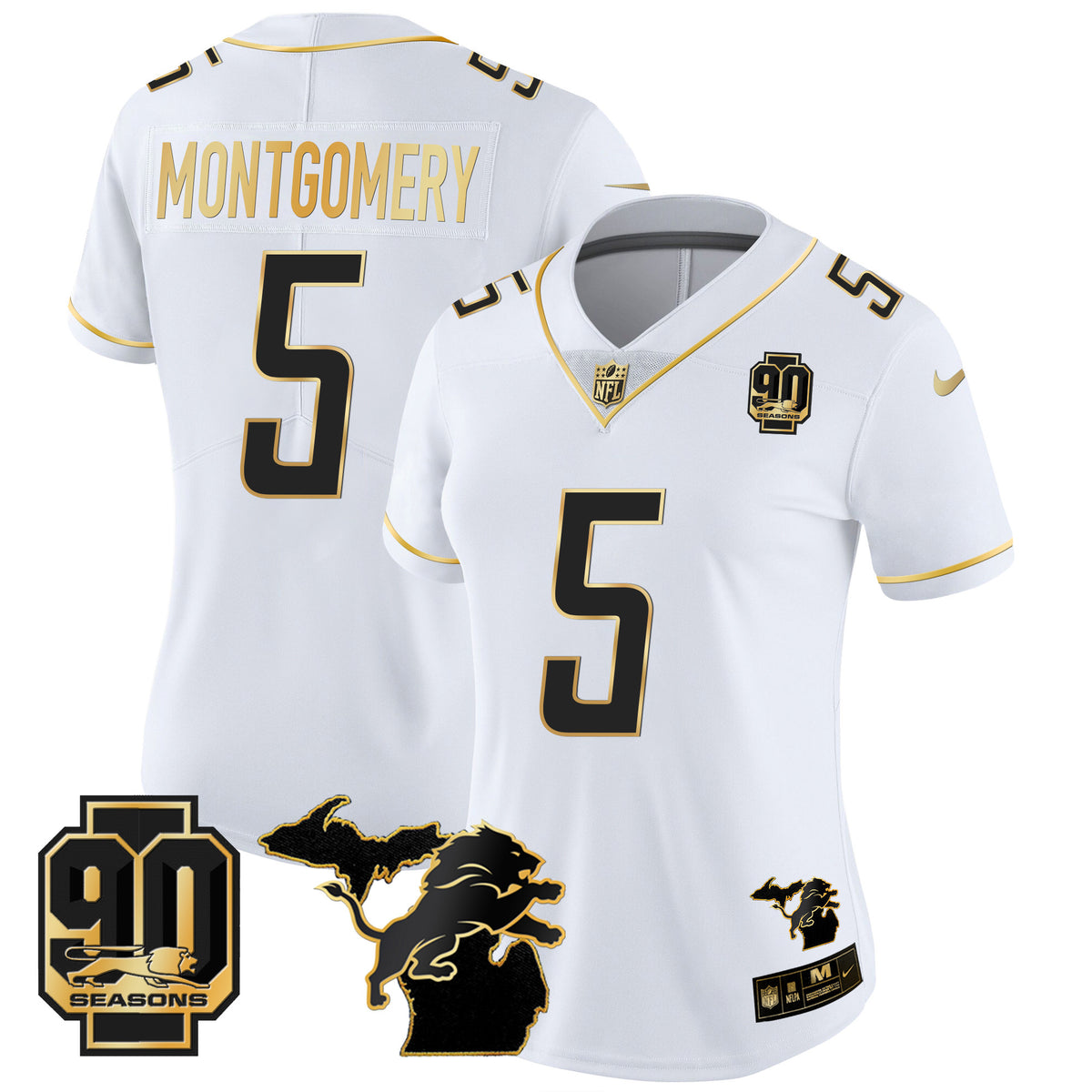Women's Detroit Lions 90th Year & Michigan Patch Gold Vapor Jersey - All Stitched - White Gold - David Montgomery — view 1
