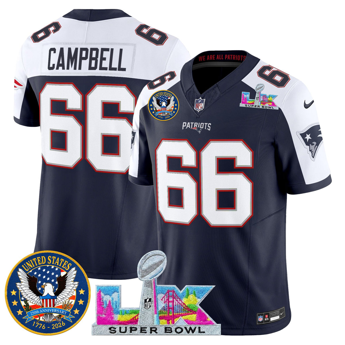 Men's New England Patriots Super Bowl LX & United States 250th Patch Vapor Limited Jersey - All Stitched - Navy Alternate - Will Campbell — view 1