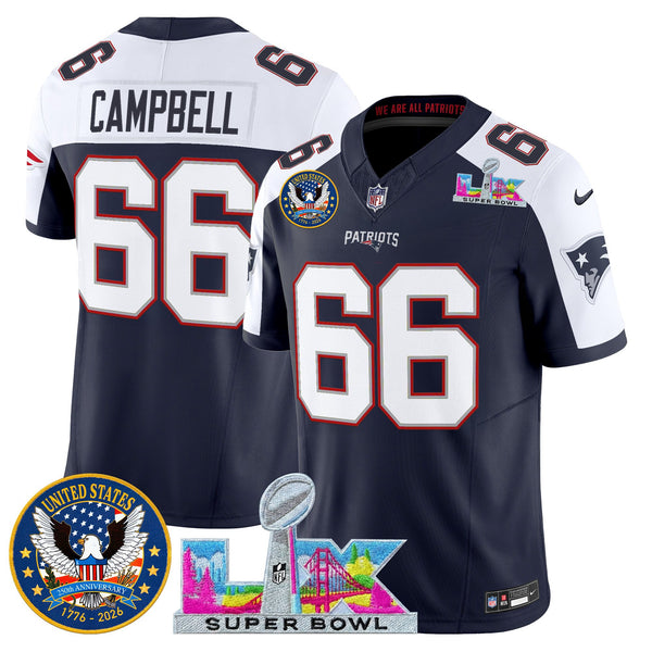 Men's New England Patriots Super Bowl LX & United States 250th Patch Vapor Limited Jersey - All Stitched - Navy Alternate - Will Campbell — view 1